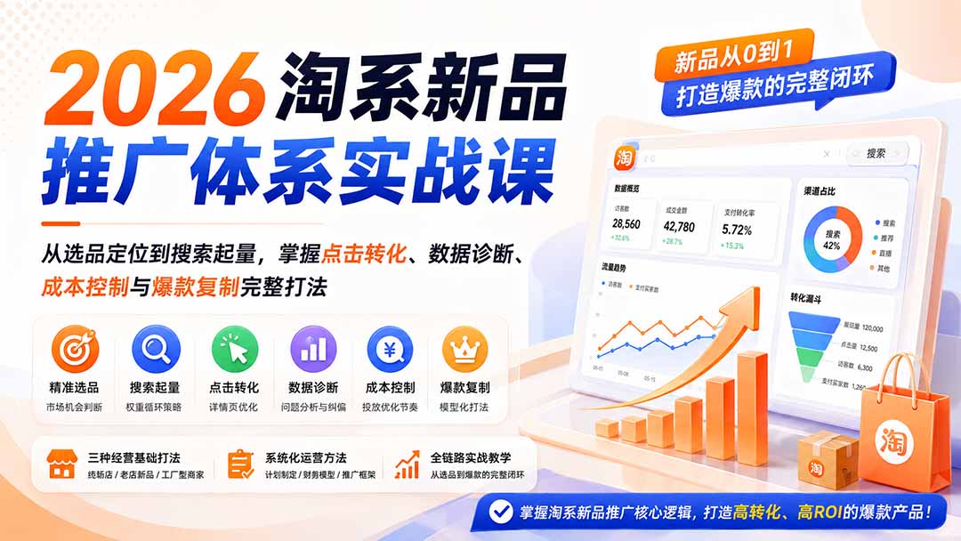 淘宝新品推广体系课，选品定位、搜索起量、数据诊断到爆款复制，新店老店工厂型三种打法 - 缩略图