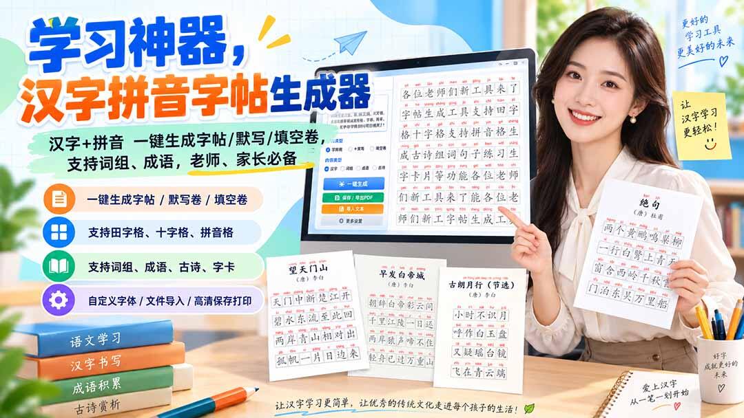 汉字拼音字帖生成器，输入文字一键生成田字格字帖、默写和填空卷，支持词组成语与古诗 - 缩略图