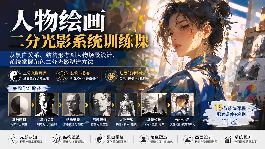 人物绘画二分光影系统训练课，15节带练从黑白关系、结构形态到人物场景设计 - 缩略图