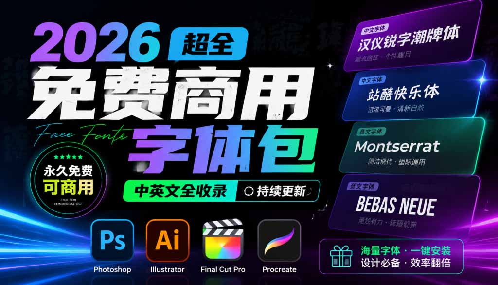 2026免费商用中英文字体包 27G分类齐全，PS、AI、FCPX和Procreate都能用的字库 - 缩略图