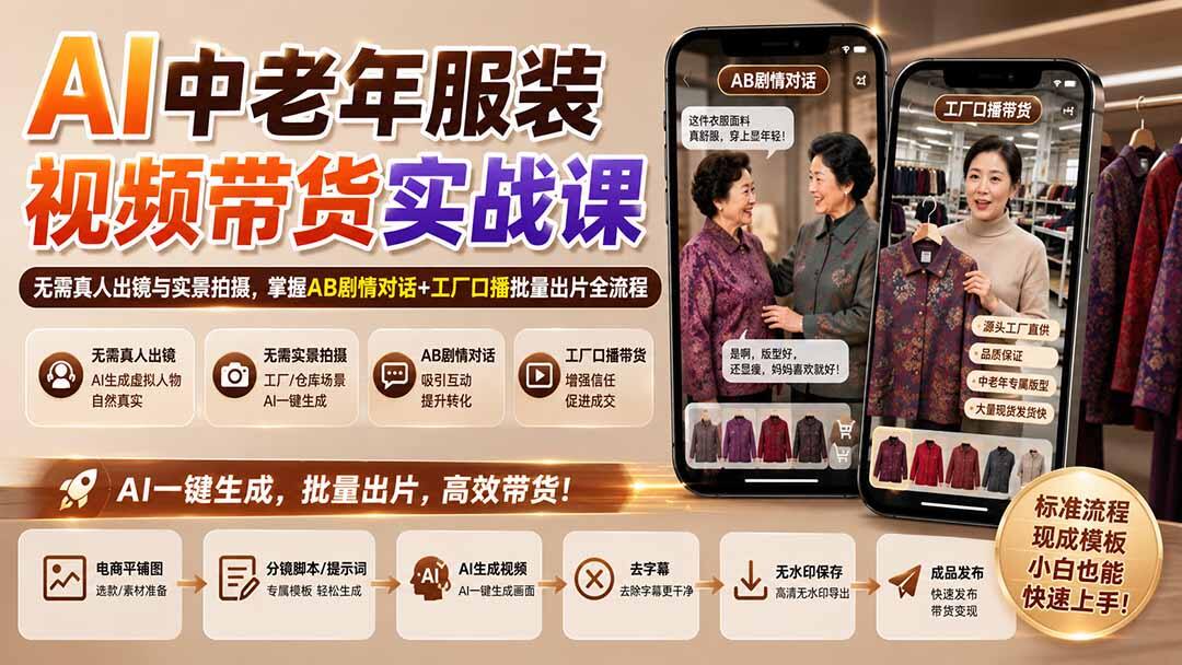 AI中老年服装视频带货，不用真人出镜和实景拍摄，AB剧情对话+工厂口播批量出片全流程 - 缩略图