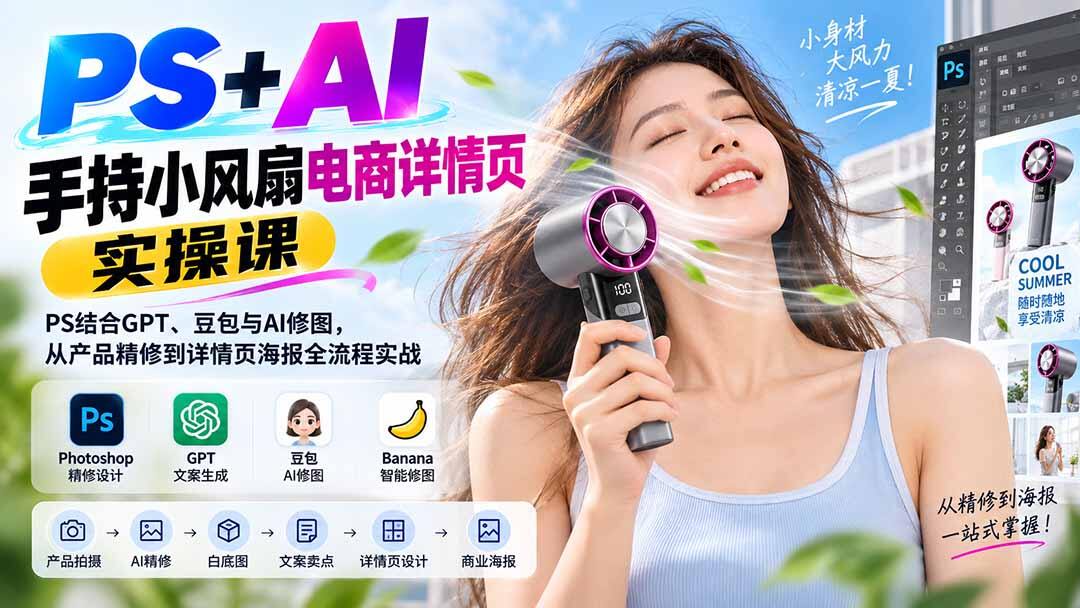 手持小风扇电商详情页实操课，PS结合GPT和豆包AI修图，从产品精修到海报设计全流程 - 缩略图
