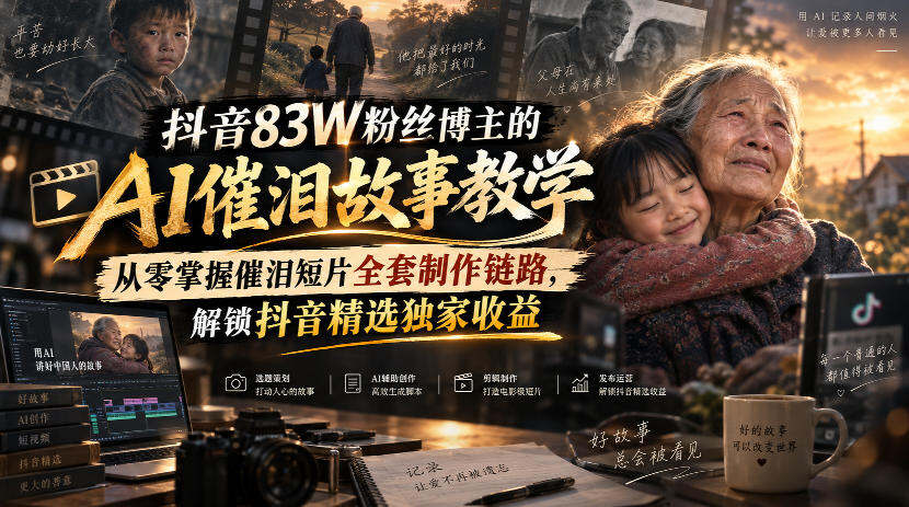 抖音83W粉丝博主的AI催泪故事课，GPT写文案+ChatGPT建模出图+LibTV成片，零基础也能拿精选收益 - 缩略图