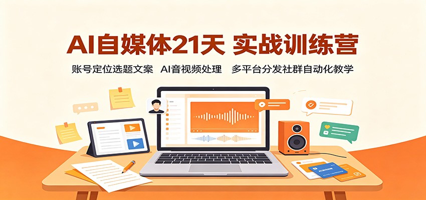 AI自媒体21天打卡训练营，从账号定位选题文案到AI音视频处理、多平台分发和社群运营自动化 - 缩略图