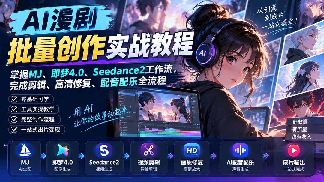 AI漫剧批量创作教程，MJ、即梦4.0、Seedance2工作流，剪辑、高清修复、配音配乐到成片输出 - 缩略图