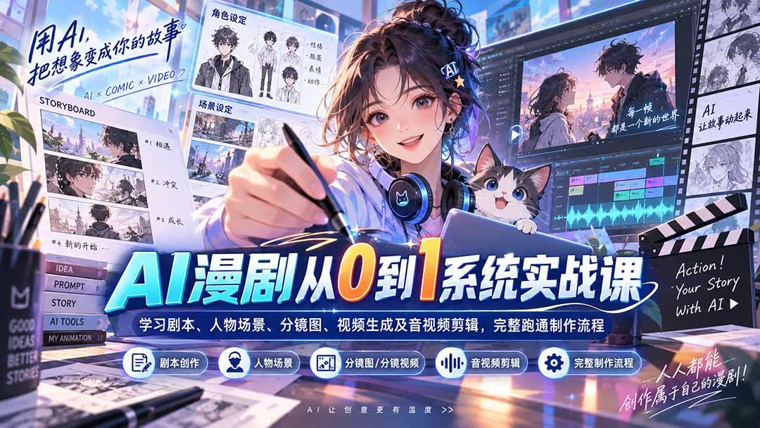 AI漫剧从0到1实战课，10节跑通剧本、人物场景、分镜图、视频生成与后期剪辑全流程 - 缩略图