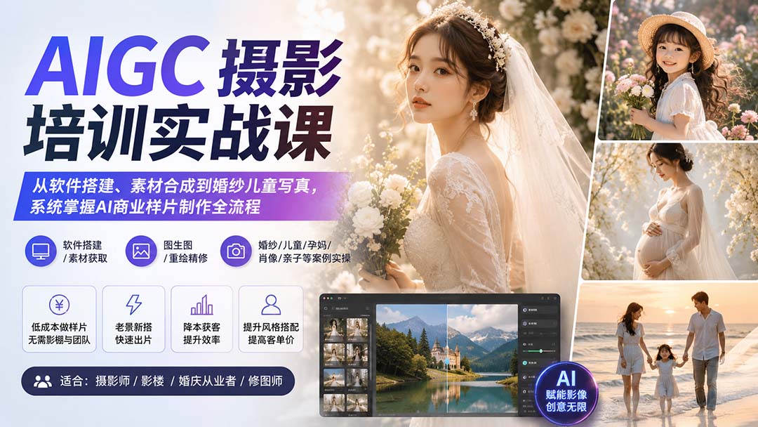 AIGC摄影实战课，婚纱儿童写真AI样片生成，从软件搭建、素材合成到多图批量生产全流程 - 缩略图