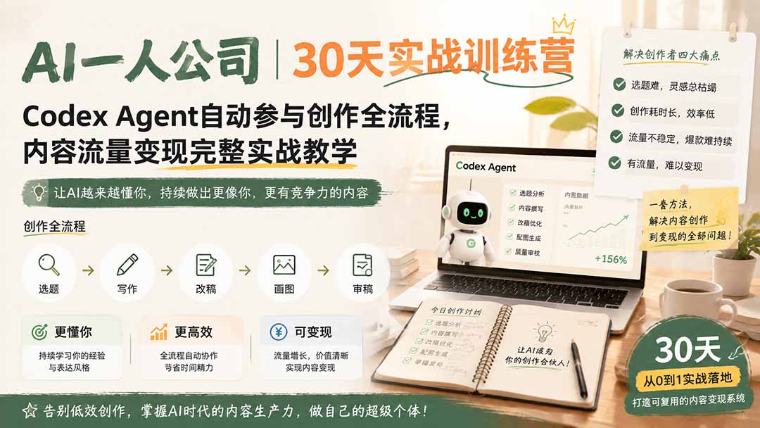 AI一人公司30天实战训练营，Codex Agent自动跑通选题、写作、改稿、画图、审稿到变现 - 缩略图