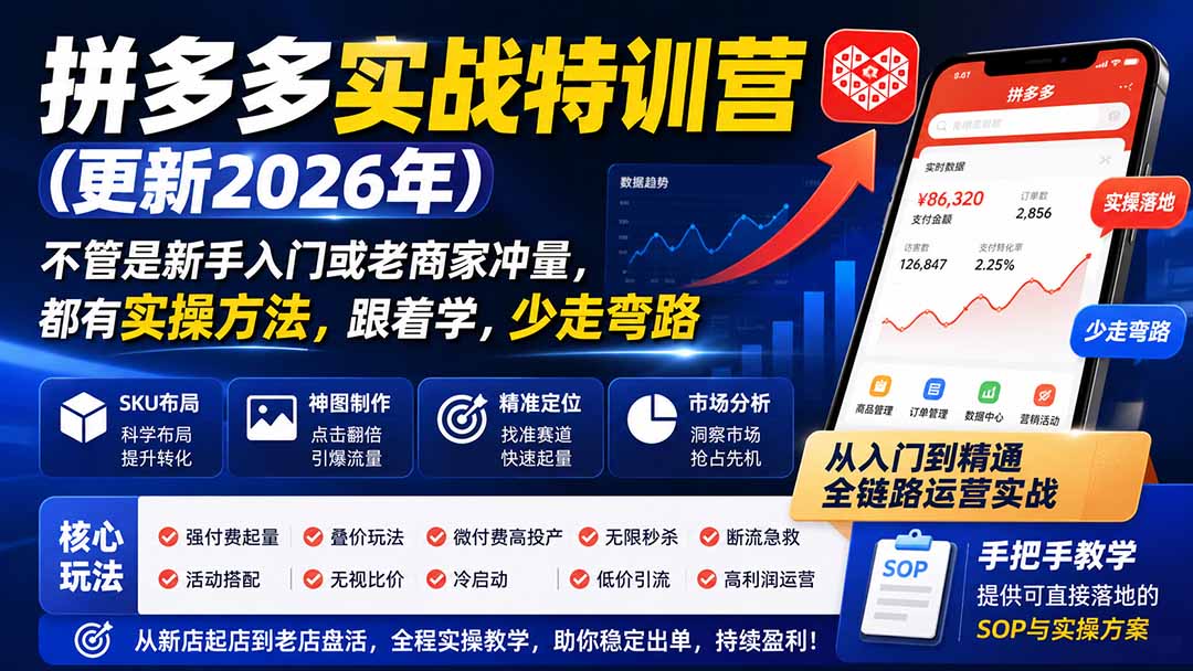 拼多多强付费起量实战特训营，SKU布局、叠价秒杀、断流急救到高投产流程全拆解 - 缩略图