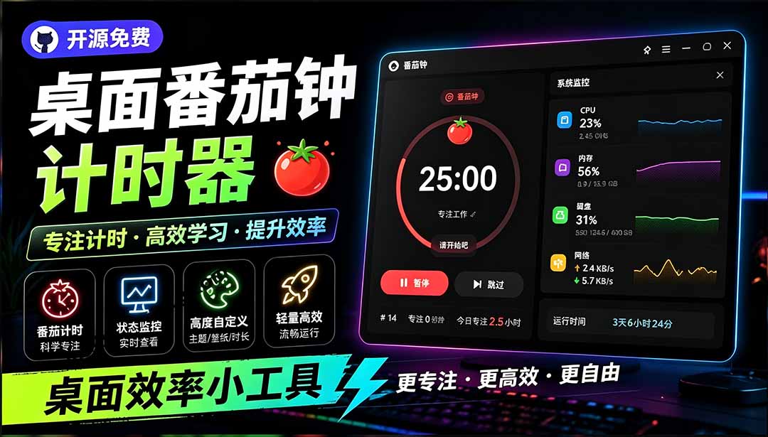 开源极简桌面时钟 Catime，仅1.16MB 的 Windows 番茄钟计时器，还能显示 CPU 内存网速并支持插件扩展 - 缩略图