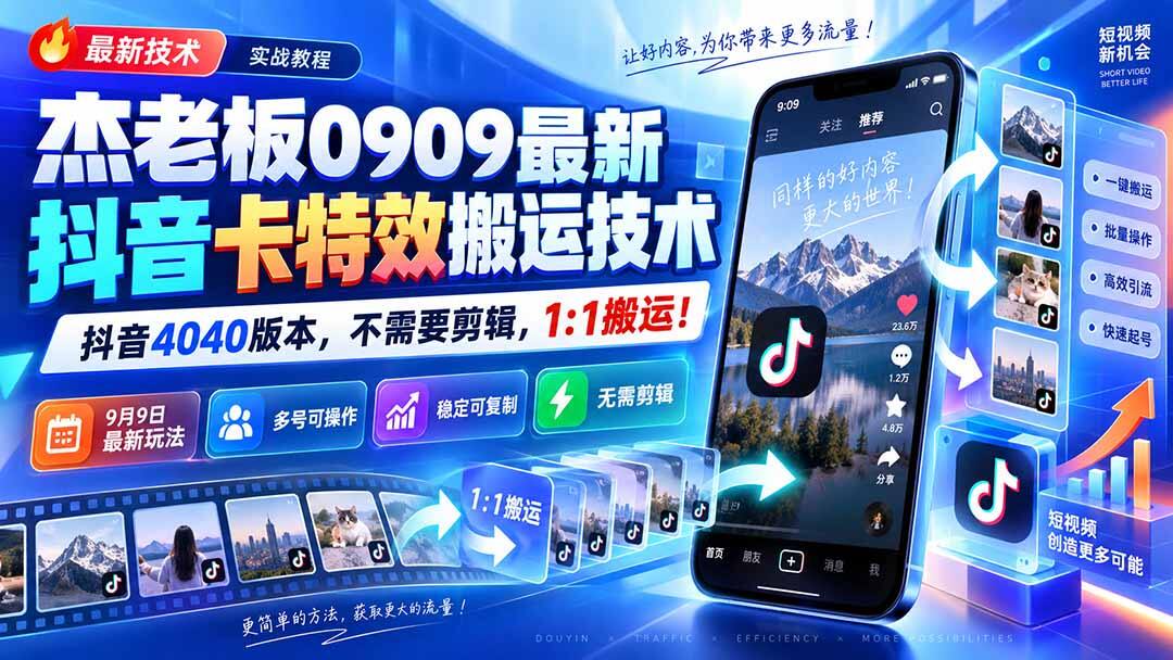 抖音9月最新卡特效搬运技术，4040版本不需要剪辑，1:1搬运可多号批量操作 - 缩略图
