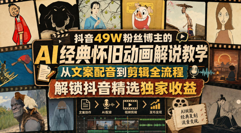 抖音49W粉丝博主的AI怀旧动画解说课，文案配音剪辑全流程，附豆包提示词和封面模板 - 缩略图