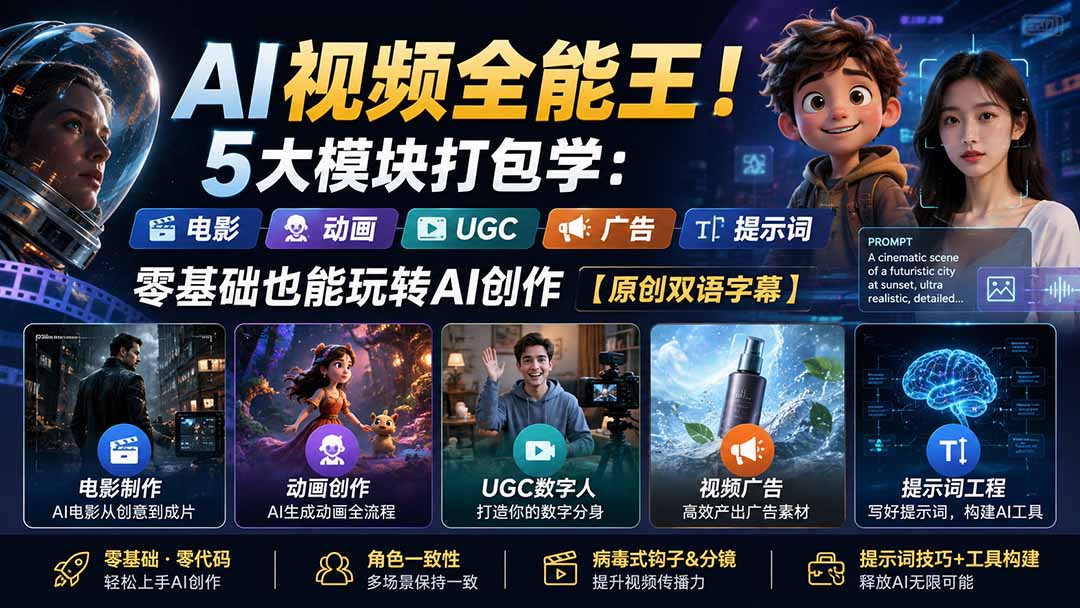 AI视频创作5大模块打包课，电影、动画、UGC、广告和提示词，从角色一致性到口型同步 - 缩略图