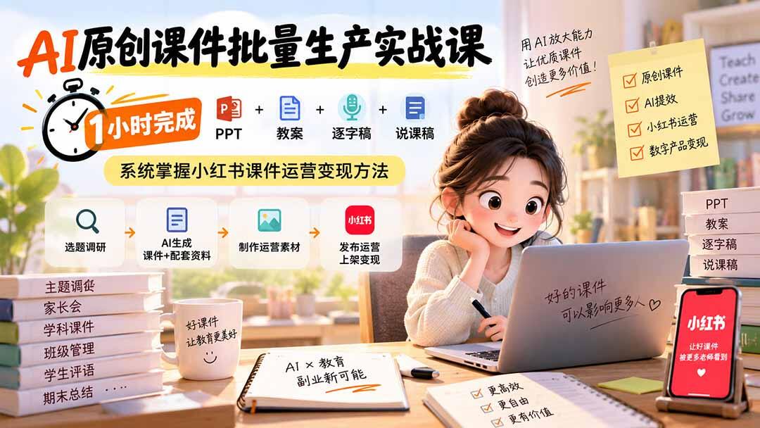 小红书课件赛道，AI一小时做齐PPT教案逐字稿，半年3000多单的实操流程 - 缩略图