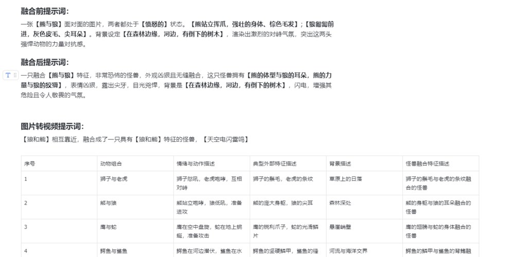动物与特征提示词替换表格