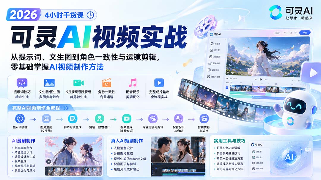 可灵AI视频制作全流程，28节从提示词、文生图到角色一致性、AI漫剧和真人短剧成片 - 缩略图