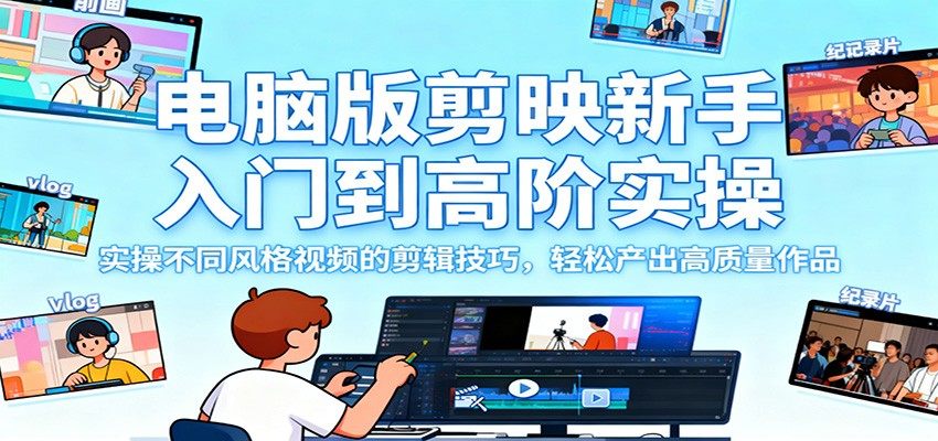 剪映电脑版从新手入门到高阶实操，11类案例拆解旅拍、带货、混剪的剪辑思路与调色包装 - 缩略图