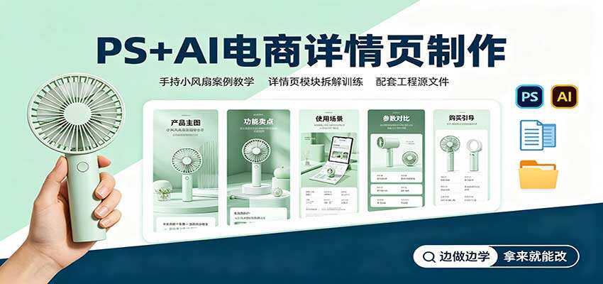PS+AI电商详情页制作实操，手持小风扇案例全流程拆解，配工程源文件 - 缩略图
