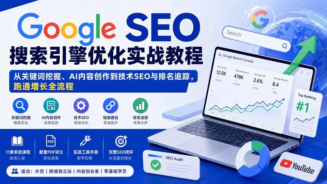 Google SEO实战教程，11章从关键词挖掘到AI搜索优化，含外链建设、技术SEO与GA4追踪 - 缩略图