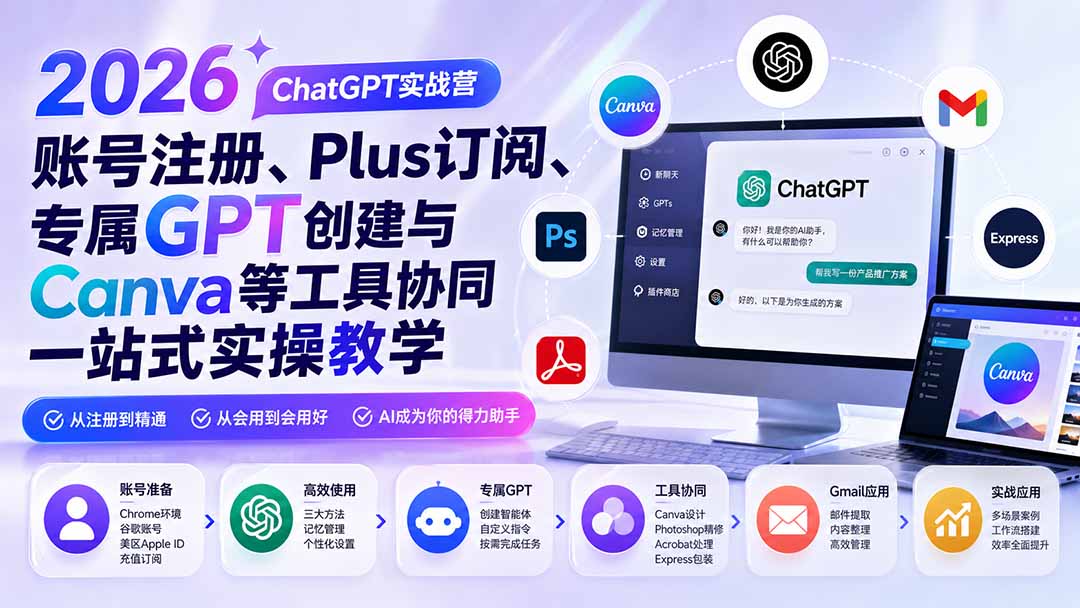ChatGPT实战营，账号注册、Plus订阅、专属GPT智能体创建，Canva等工具协同实操 - 缩略图