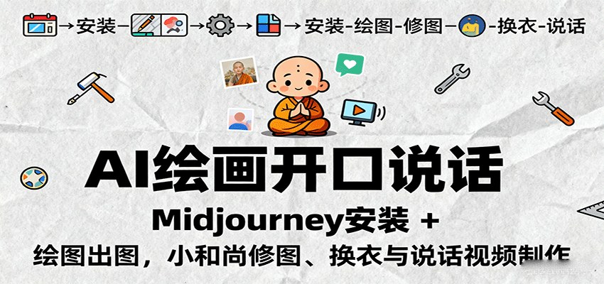 AI绘图角色开口说话视频,Midjourney安装出图、小和尚换衣精修,9节课7天产出100条原创短片 - 缩略图