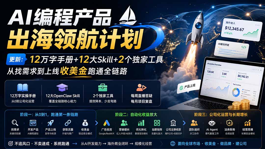 AI编程产品出海陪跑，从找需求、建站上线到收美金的实操路径，12万字手册+12个Skill - 缩略图