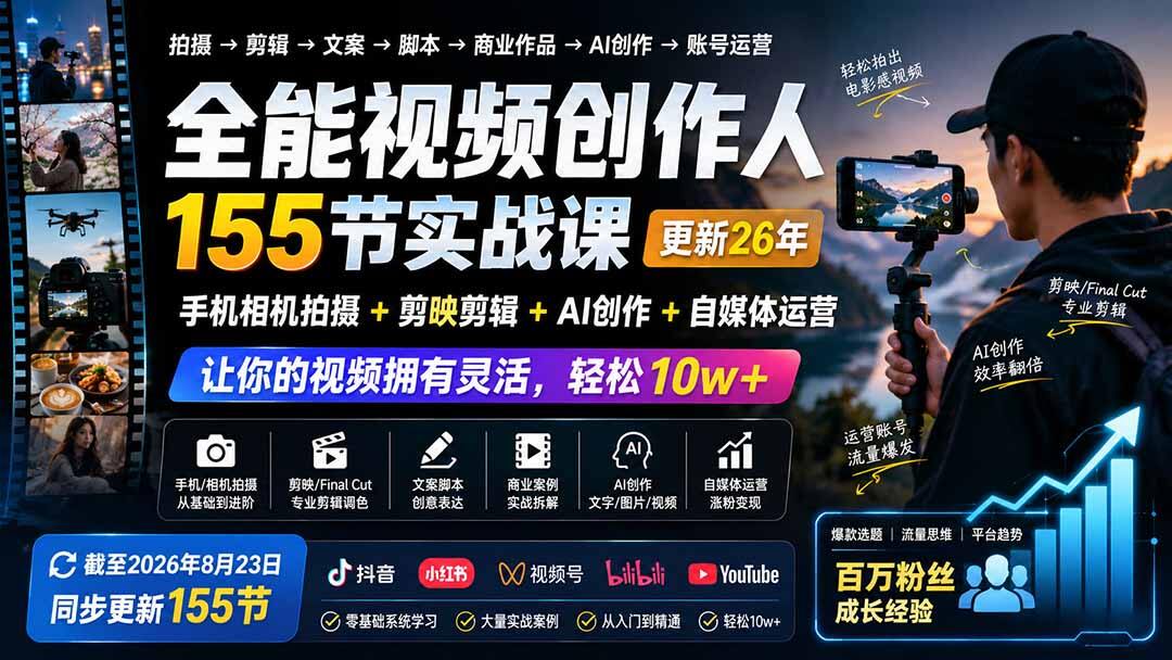 155节全能视频创作课更新到26年8月，手机相机拍摄、剪映剪辑、AI创作到账号运营 - 缩略图
