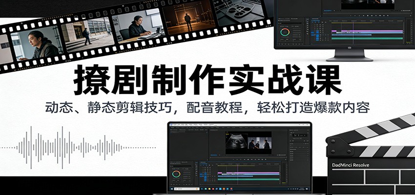 撩剧制作实战课，动态、静态剪辑加配音教程，配套剧本提取自用版和课程工具包 - 缩略图