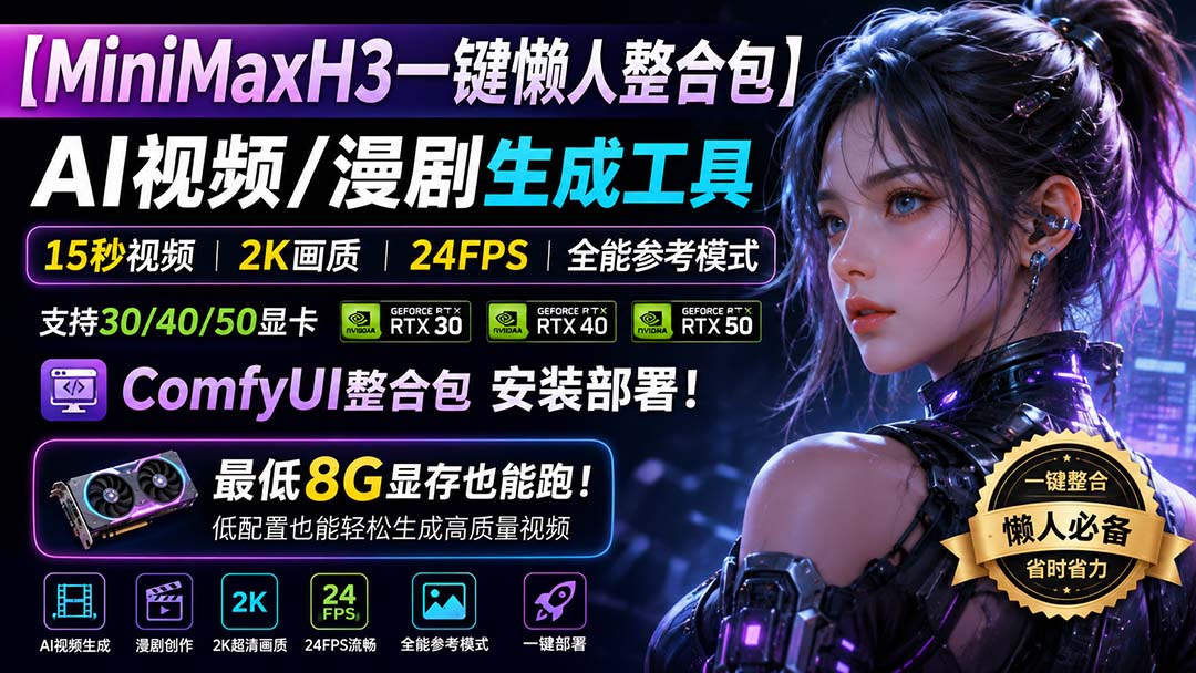 MiniMaxH3一键整合包，ComfyUI部署AI视频和漫剧，8G显存也能跑2K 24帧 - 缩略图