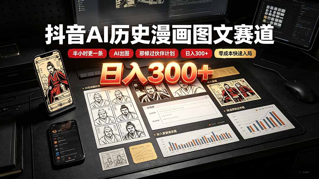 抖音AI历史漫画图文实操，半小时一条零成本出图，人物画风统一，靠伙伴计划日入300+ - 缩略图