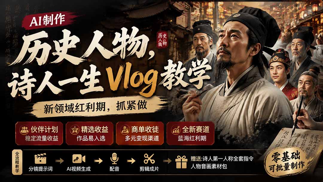 80万粉历史博主AI历史人物Vlog课，不露脸批量做诗人生平，分镜生片配音剪辑全流程，冲精选开通伙伴计划 - 缩略图