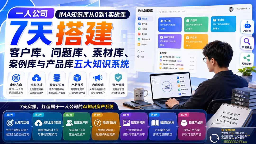 一人公司IMA知识库7天实战，搭好客户库、问题库、素材库、案例库、产品库，用AI做产品和获客内容 - 缩略图
