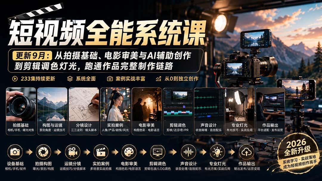 余导短视频全能系统课233集，拍摄分镜、剪辑调色、灯光布光到AI辅助全流程 - 缩略图