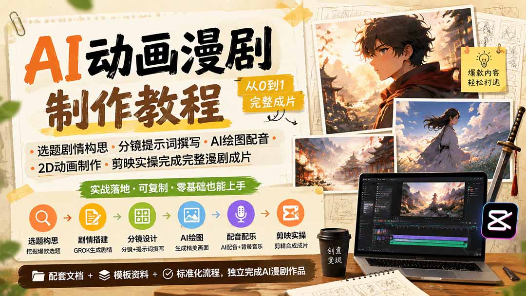 AI动画漫剧制作教程，选题剧情、分镜提示词、AI绘图配音到剪映成片，零基础跑通短视频变现 - 缩略图