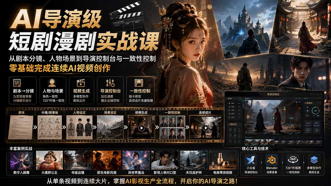 AI短剧漫剧实战课，剧本分镜、人物场景一致性到导演控制台，零基础跑通连续成片 - 缩略图