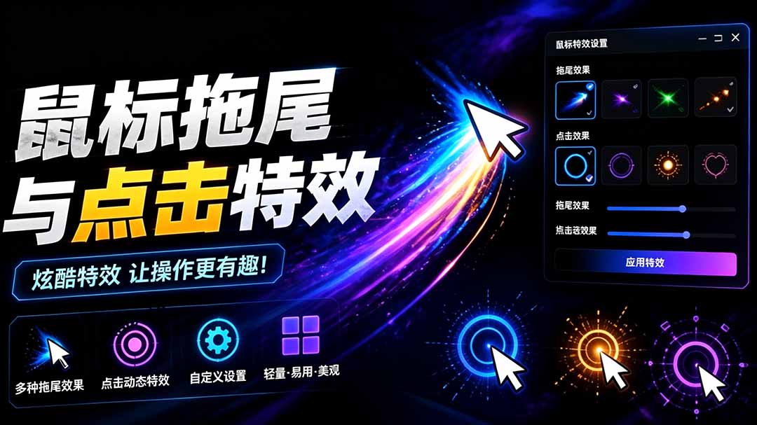 Windows鼠标拖尾特效小工具，内置36种拖尾和12种点击特效，支持Win10/Win11免费使用 - 缩略图