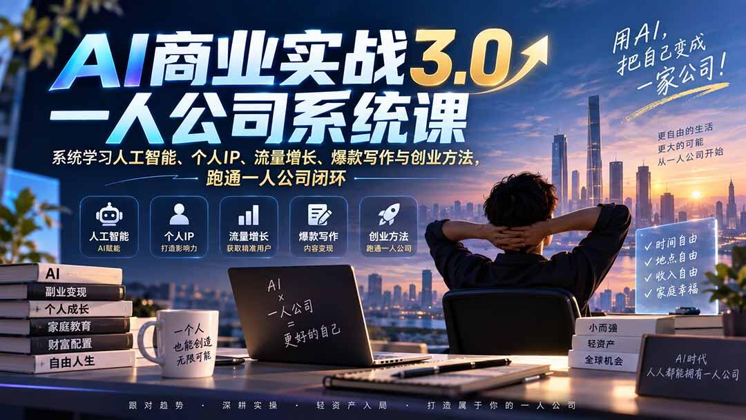 李一舟AI商业实战3.0一人公司系统课，用AI做流量、爆款写作和轻资产创业 - 缩略图