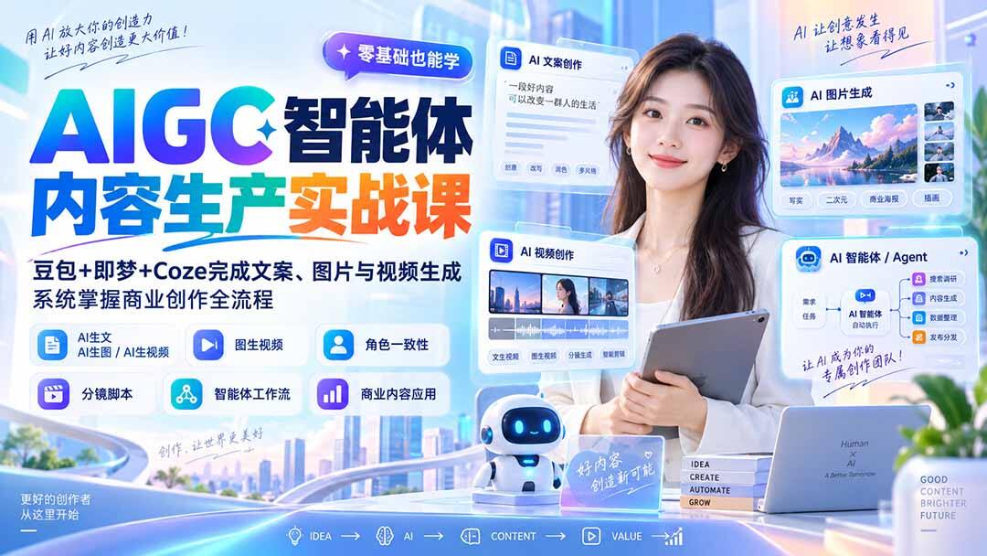 AIGC内容创作实战课，豆包+即梦+Coze做文案、图片和视频，提示词公式到图生视频和智能体工作流 - 缩略图