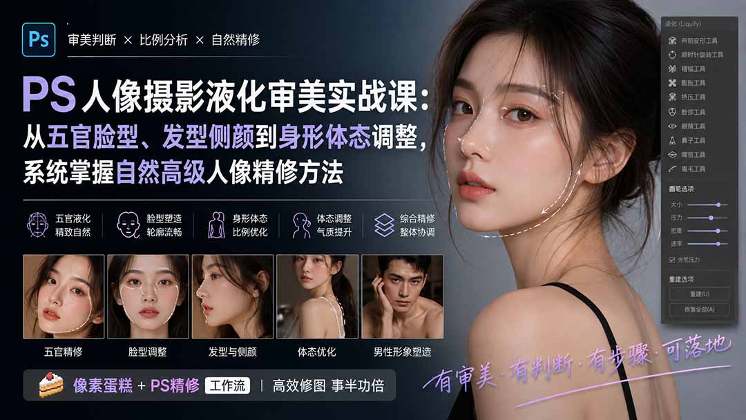 PS人像液化审美实战课，41节课从五官脸型、发型侧颜到身形体态调整，系统练出自然高级的人像精修 - 缩略图