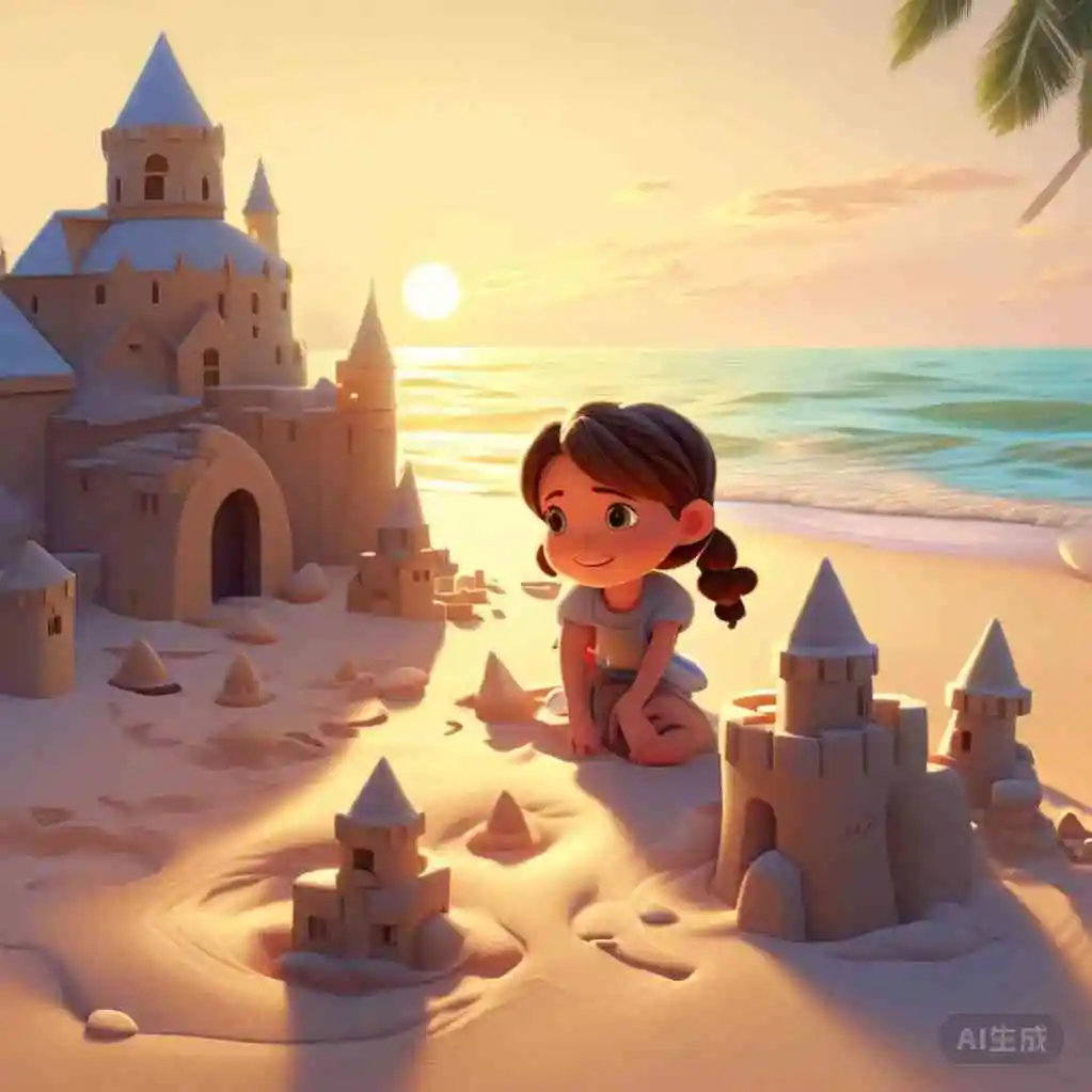 AI生成的海边堆沙堡场景