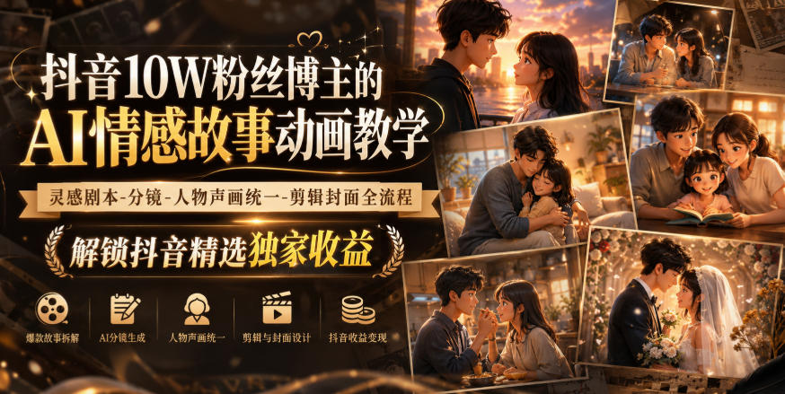 抖音AI情感故事动画课，10W粉丝博主11节实操，从剧本分镜到声音统一、剪辑封面和精选收益 - 缩略图