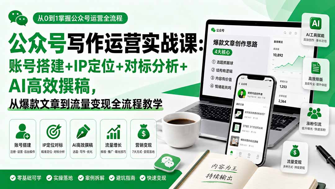 公众号写作运营实战课，账号搭建、IP定位、对标分析到AI撰稿，爆款文章和流量变现全流程 - 缩略图