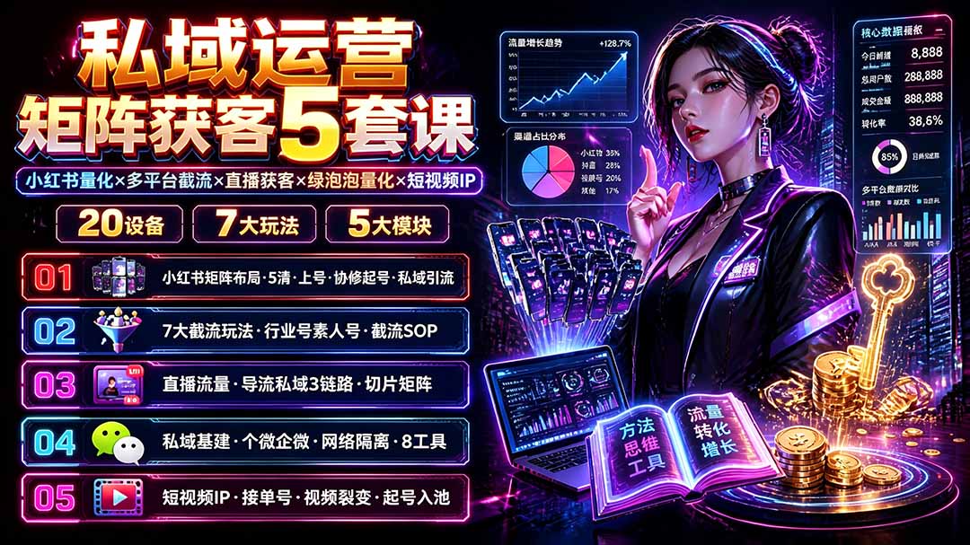 私域运营矩阵获客5套课，小红书图文量化、多平台截流、直播导流和短视频IP实操 - 缩略图