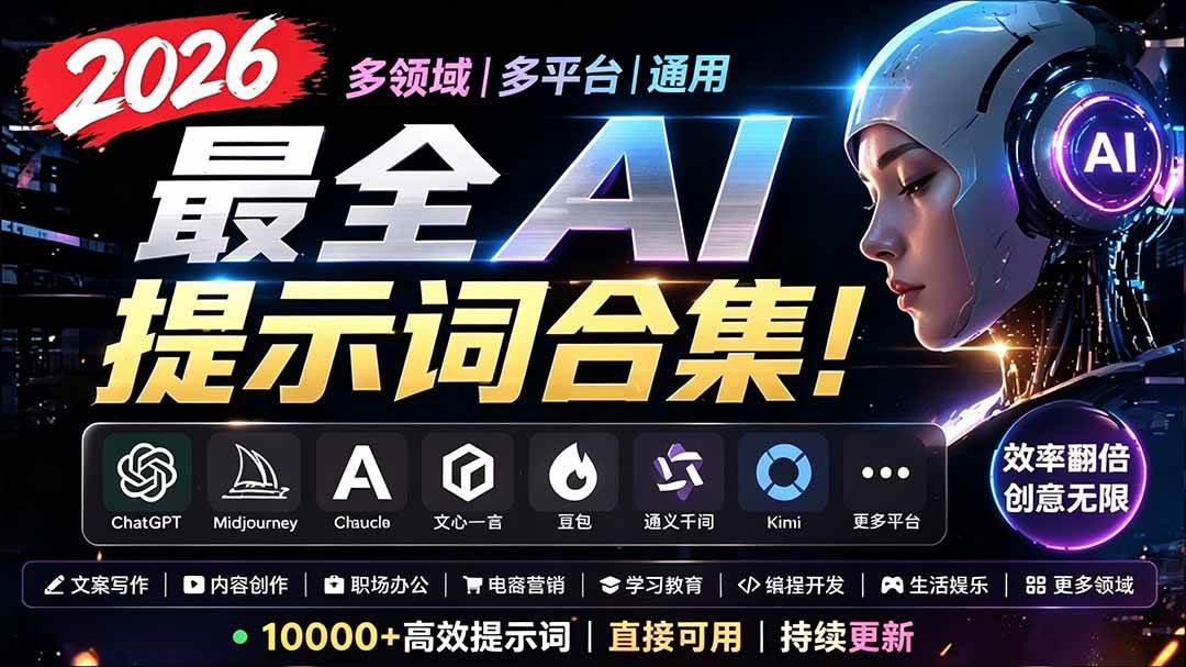 2026最新AI提示词资源包，绘画电商文案脚本全覆盖，ChatGPT、Midjourney等通用，拿来即用 - 缩略图