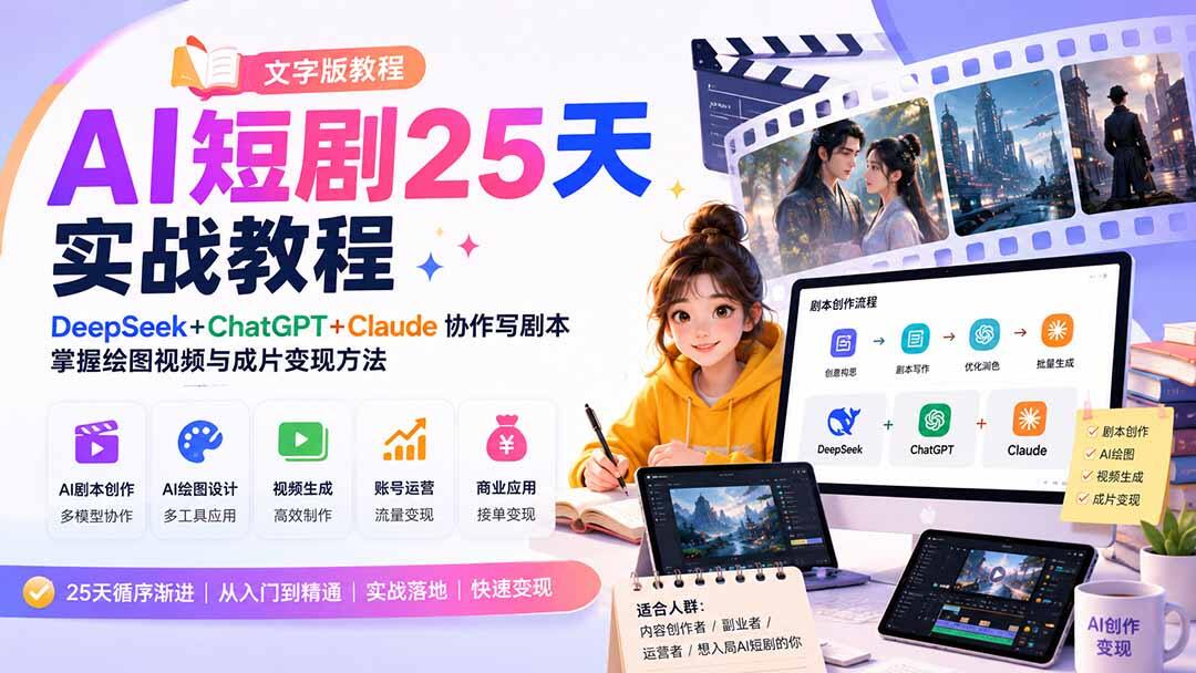 AI短剧25天实战文字教程，DeepSeek、ChatGPT、Claude协作写剧本，AI绘图、视频生成与成片变现 - 缩略图