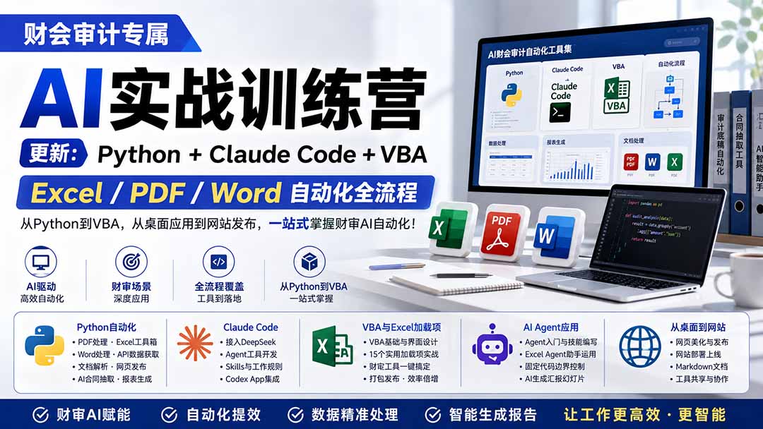 财会审计AI自动化实战，Python+Claude Code+VBA搞定Excel/PDF/Word，含15个加载项 - 缩略图