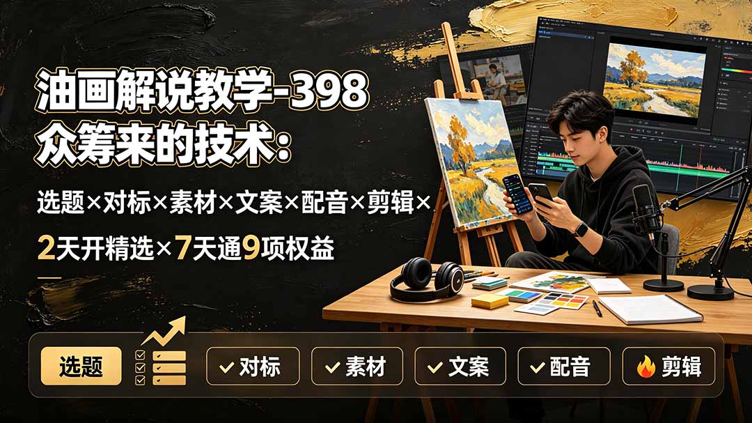 油画解说教学，从选题对标到配音剪辑全流程，2天开精选7天通抖音9项权益 - 缩略图
