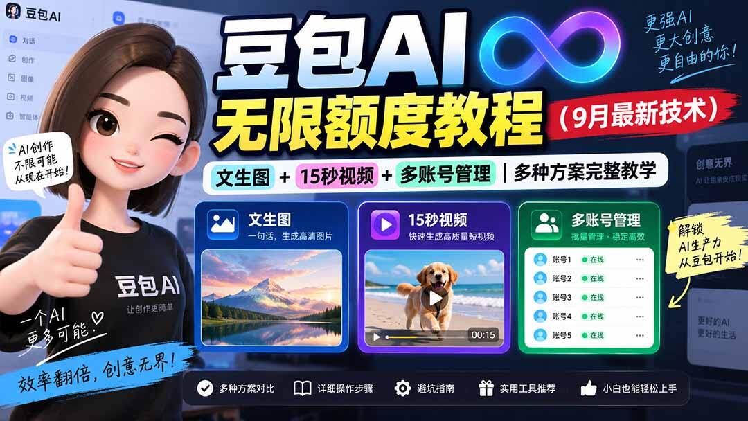 豆包AI无限额度教程，9月最新方法，无限文生图、15秒视频和多账号管理 - 缩略图