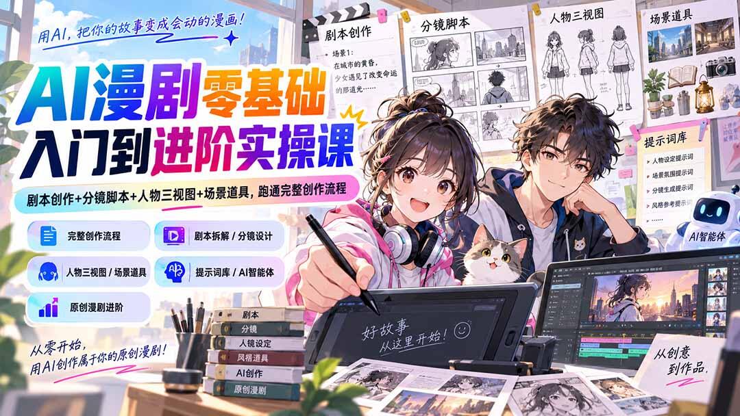 AI漫剧零基础到进阶实操课，剧本分镜、人物三视图、提示词到原创剧本全流程 - 缩略图