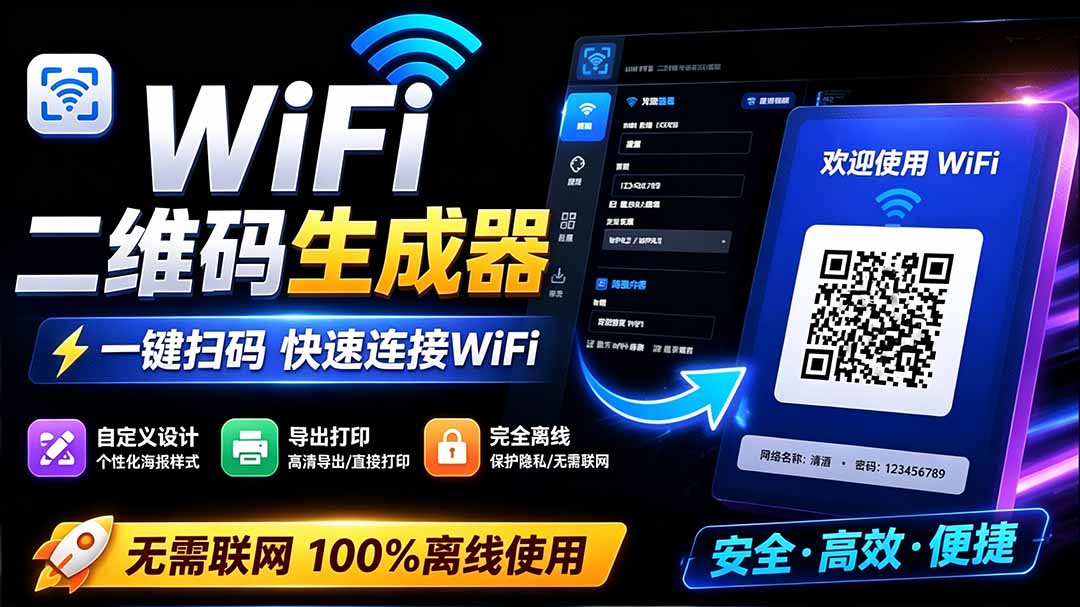 WiFi二维码生成器，完全离线免安装，输入名称密码一键生成，手机扫码直连，支持自定义风格导出 - 缩略图